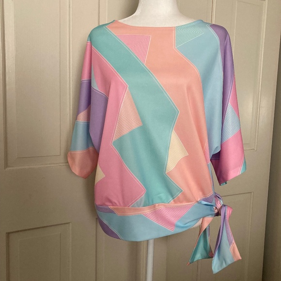 Charleston Fashions Tops - Charleston Fashions Vintage 80s Pastel Pullover KnitTop w Side Tie Sash  14/16